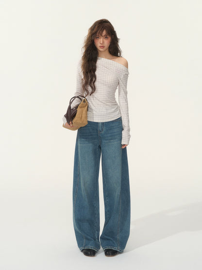 Velvet-Touch Plaid Draped Off-Shoulder Long Sleeve T-Shirts