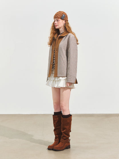 Velvet-Textured Peter Pan Collar Leather Jacket