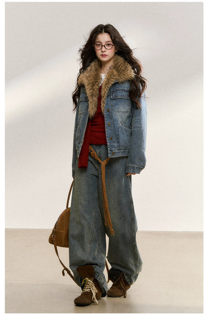 Faux Fur Collar Denim Jacket