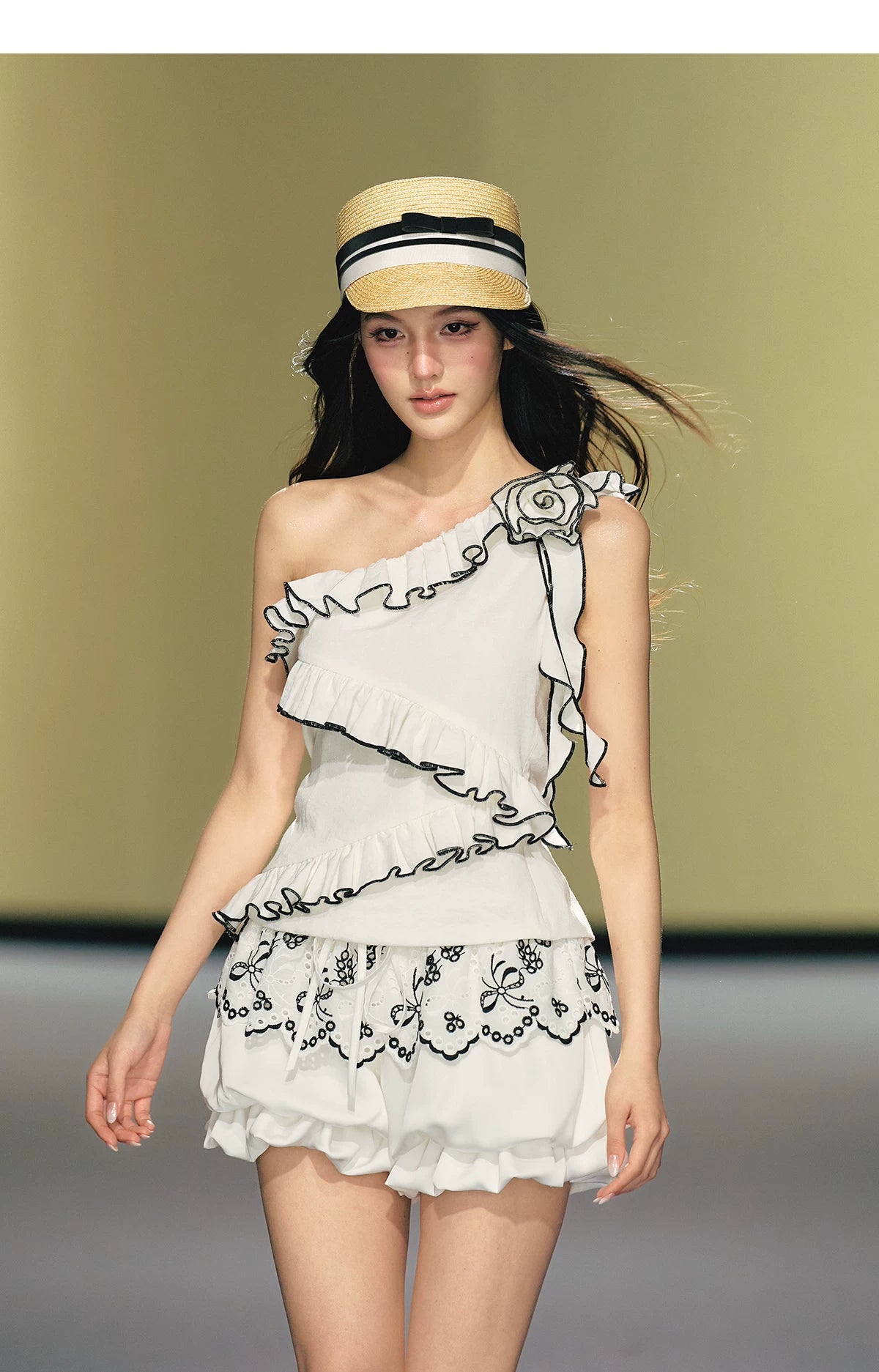 Asymmetric Rose-Trim Layered Top &amp; Puff Bloomers Set