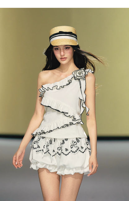 Asymmetric Rose-Trim Layered Top &amp; Puff Bloomers Set