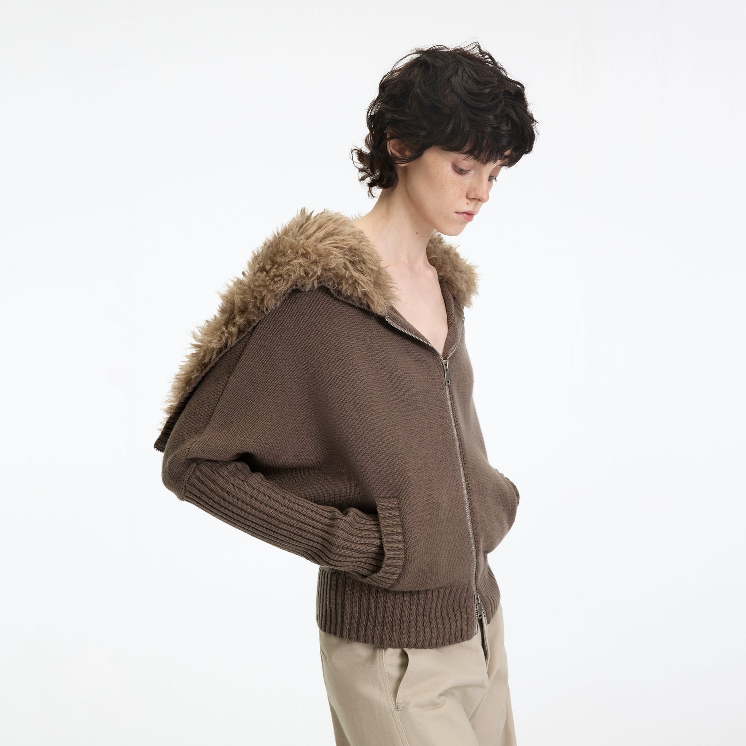 Wool-Blend Hooded Faux Fur Collar Knit Jacket