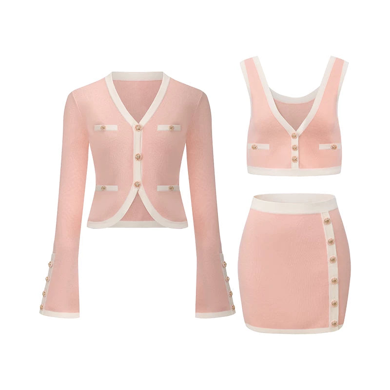 Vintage Contrast-Trim Knit Three-Piece Set