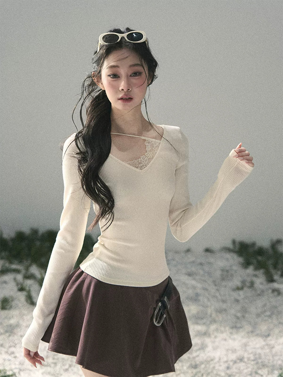 Deep V Lace Knit Top