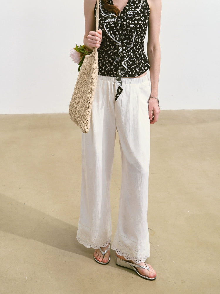 Solid-colored Breathable Lace Wide-leg Pants