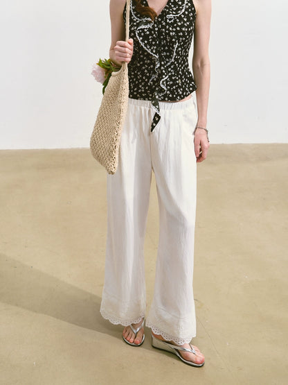 Solid-colored Breathable Lace Wide-leg Pants