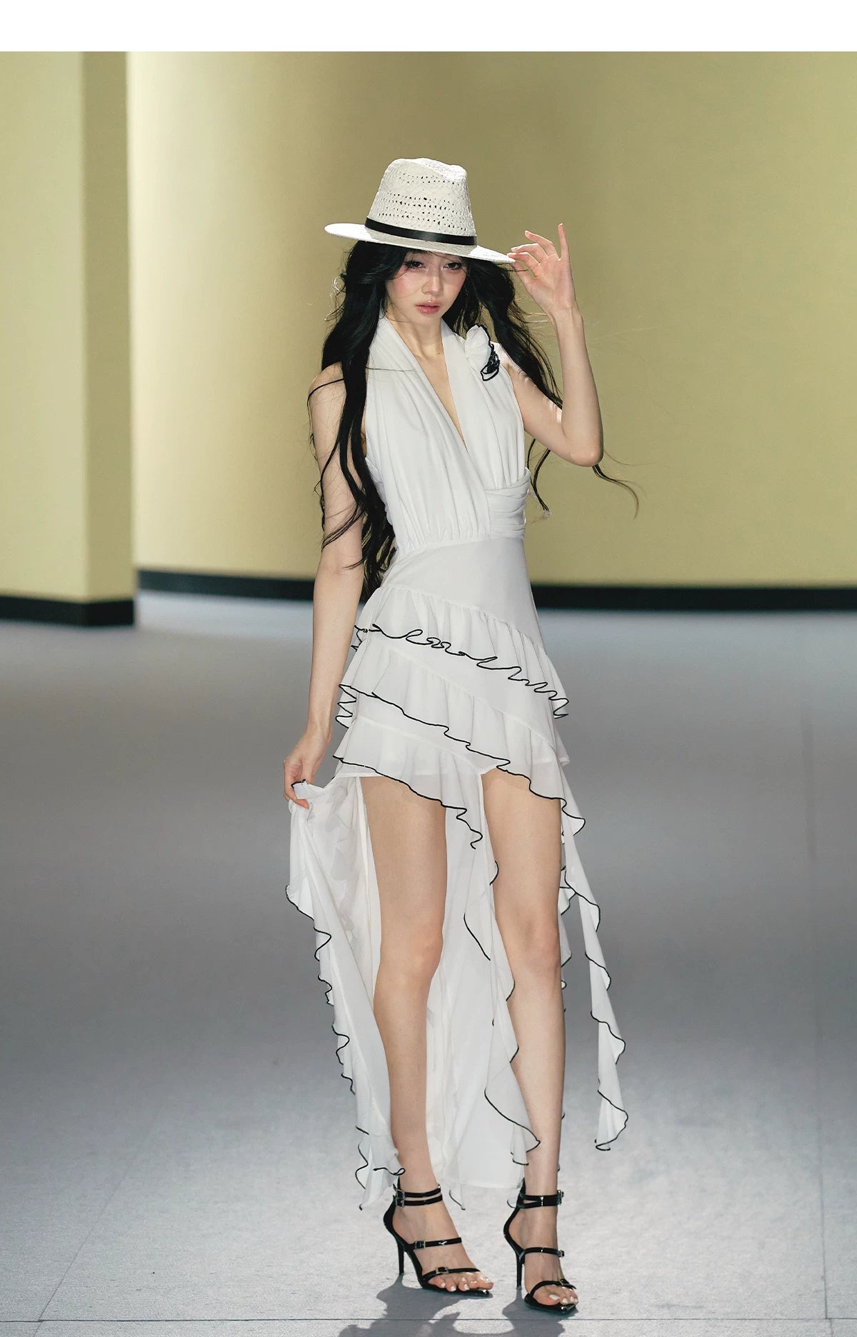 Rose Appliqué Asymmetrical Halterneck Dress