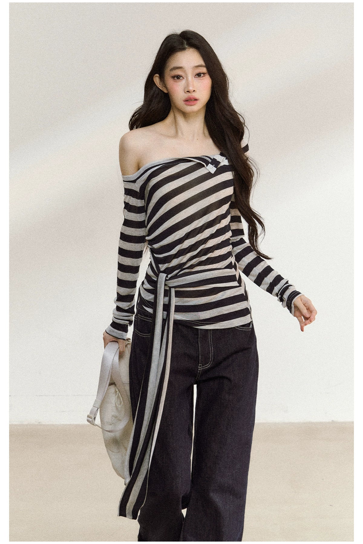 Asymmetric Stripe Off-Shoulder Tie Blouse