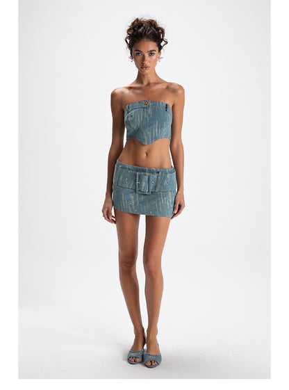 Blue Denim Jacquard Tank Top &amp; Mini Skirt Set - CHINASQUAD