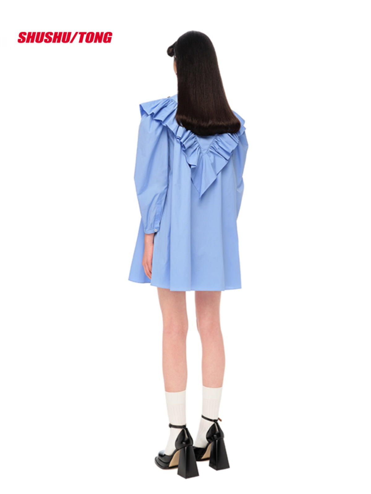 White &amp; Blue Ruffled V-neck Mini Dress - CHINASQUAD