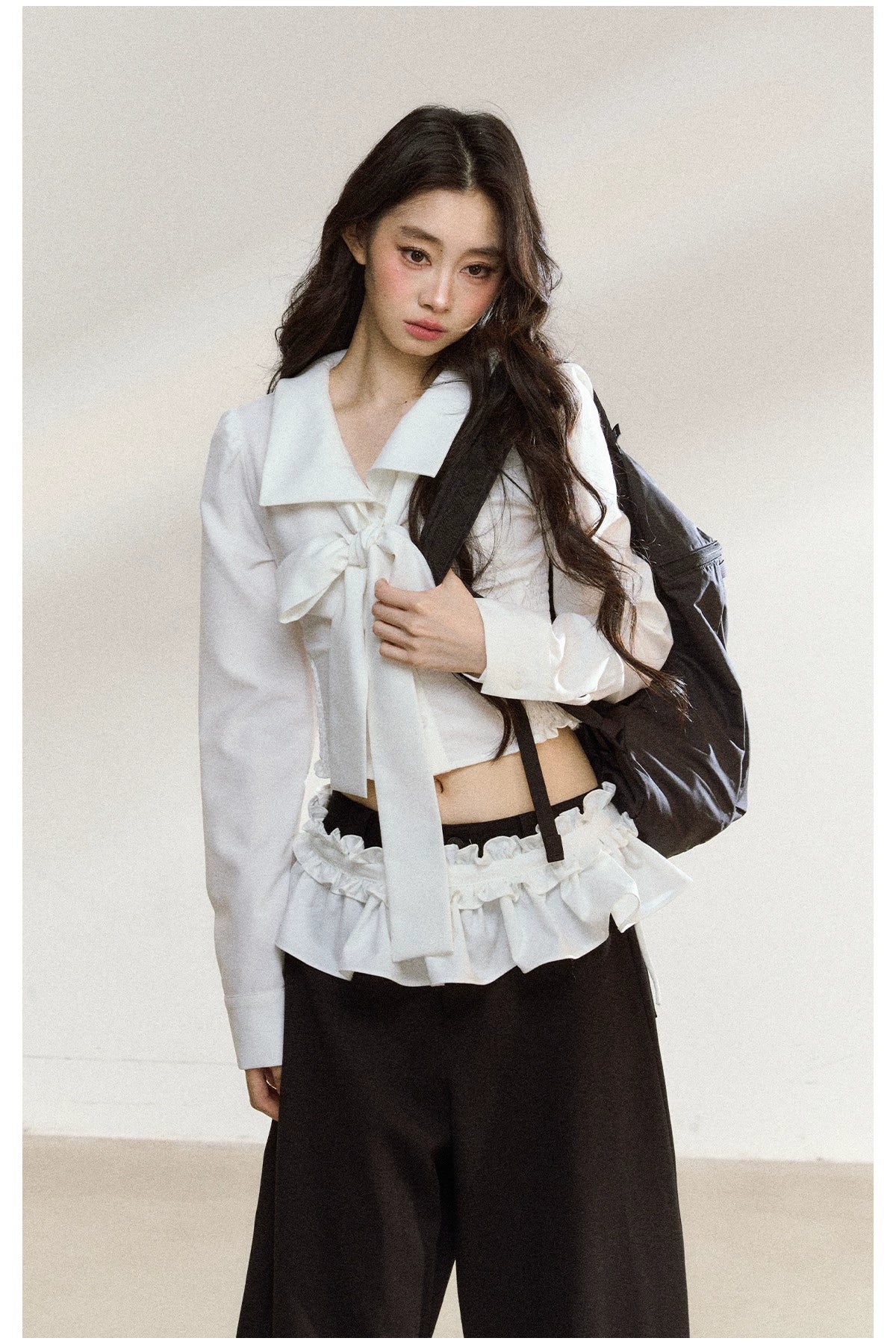 Butterfly Bow White Blouse &amp; Lace-Trim Straight Pants Set