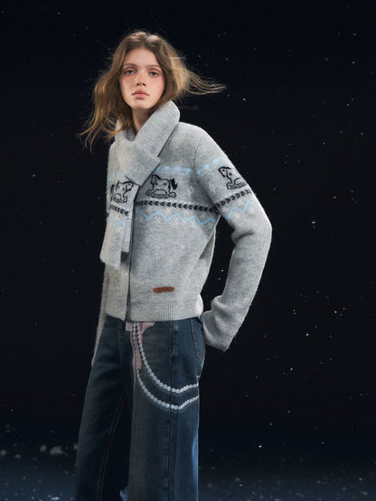 Fair Isle Scarf &amp; Cardigan Two-Piece Set