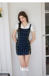 Plaid Patchwork Suspender Dress - CHINASQUAD