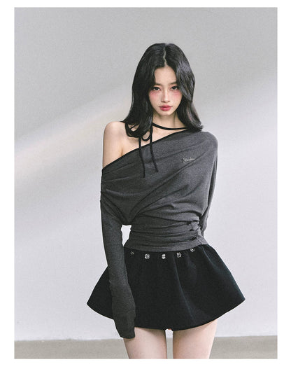 Off-Shoulder Halter Long-Sleeve T-Shirt