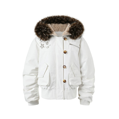 Studded Faux Fur Collar Bomber Down Jacket