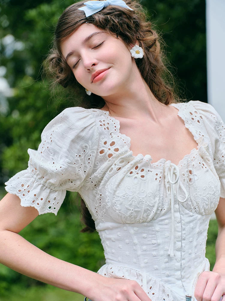 Vintage Cutout Embroidered White Corset Shirt
