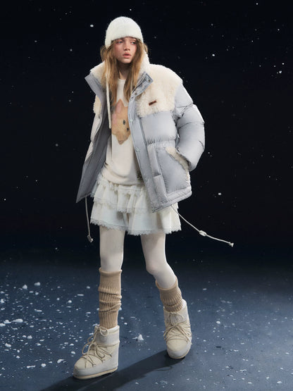 Shearling-Panel Stand-Collar Down Jacket