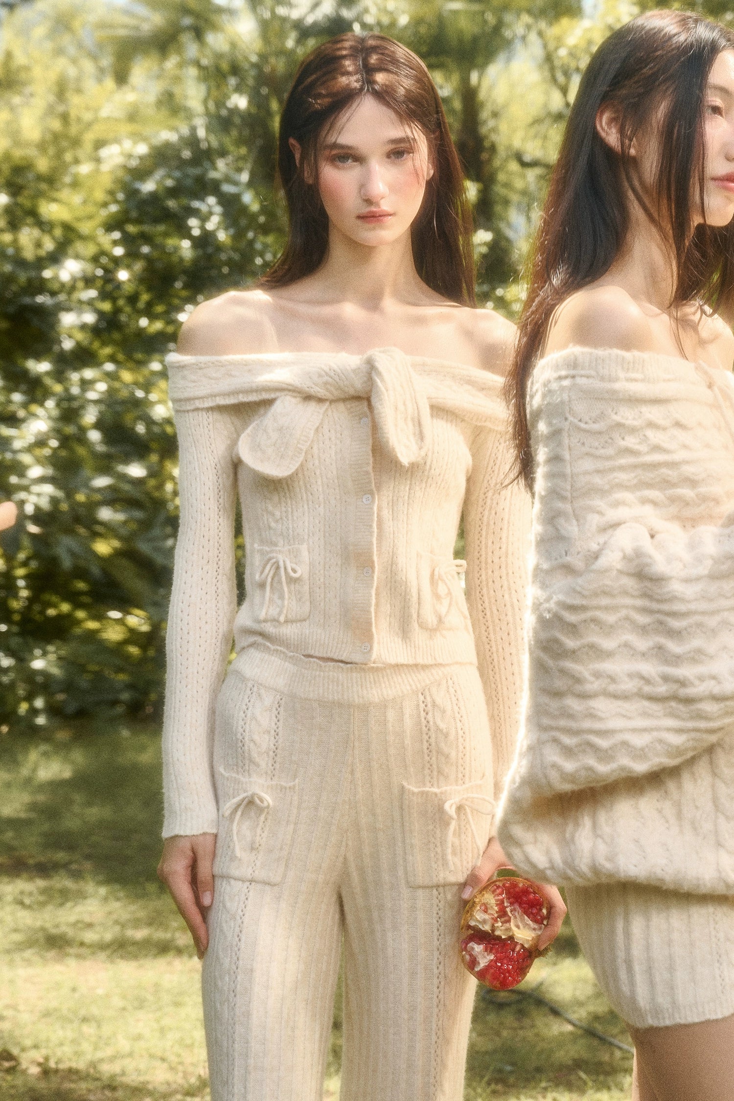 Velvet Bunny Wool Cloud Off-Shoulder Knit Cardigan &amp; Wide-Leg Pants Set