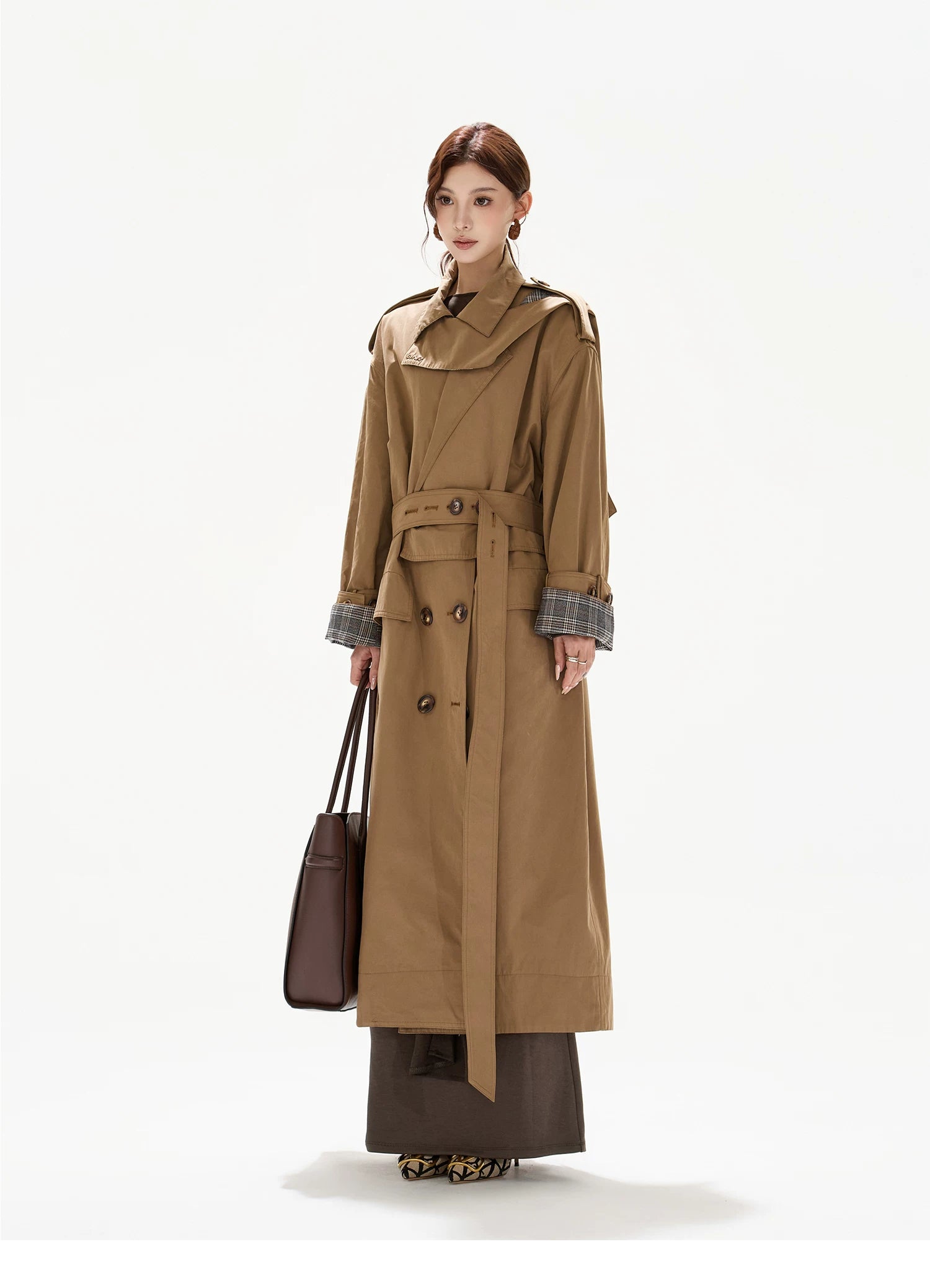 Double-Breasted Check-Panel Trench Coat