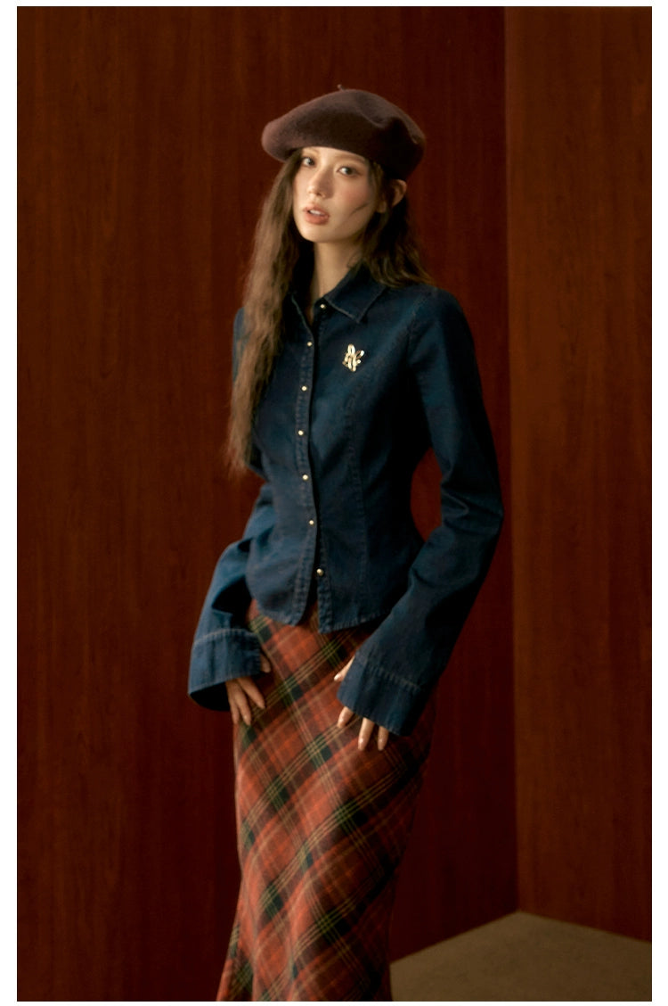 Navy Slim Fit Denim Shirt - CHINASQUAD