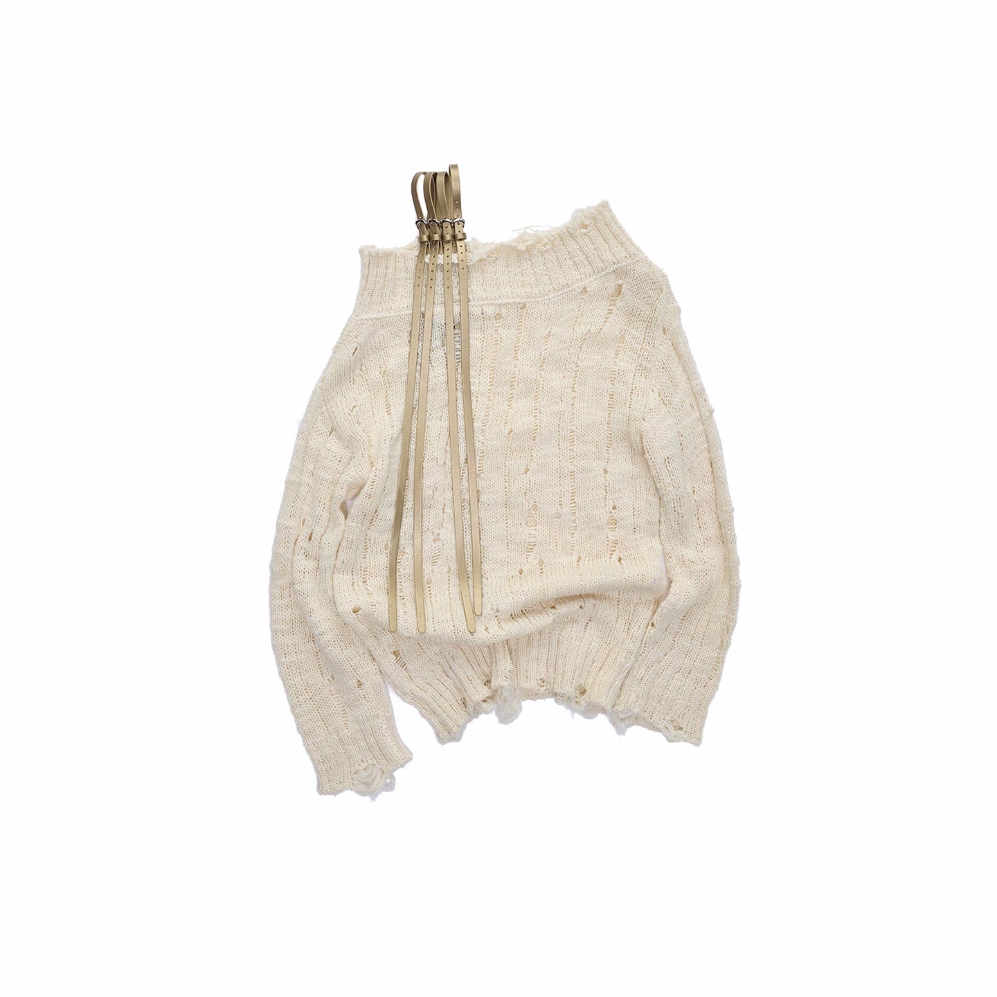 Off-Shoulder Belt Distressed Cable Knit Sweater