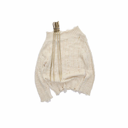 Off-Shoulder Belt Distressed Cable Knit Sweater