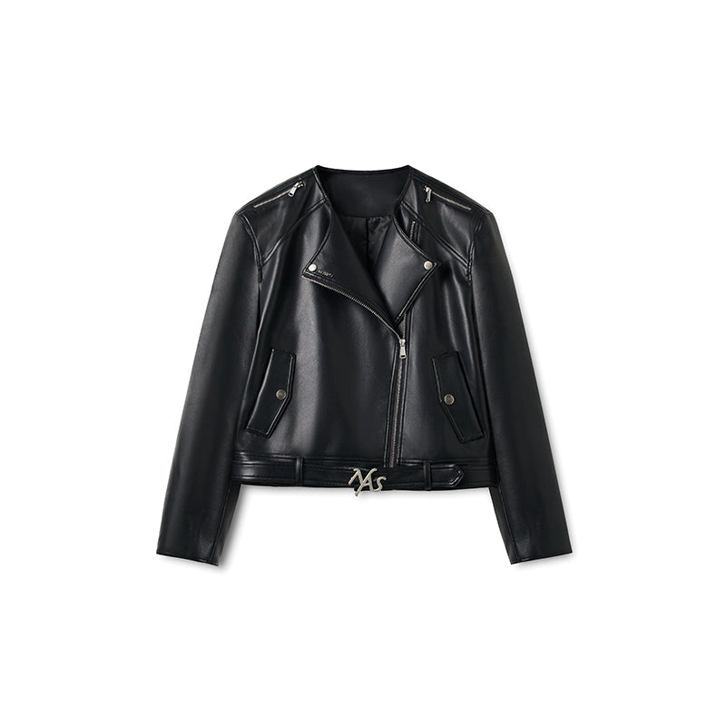 &quot;Dejembe Series&quot;Satin-Finish PU Leather Moto Jacket