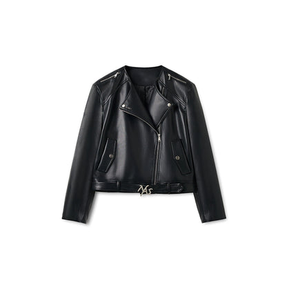 &quot;Dejembe Series&quot;Satin-Finish PU Leather Moto Jacket