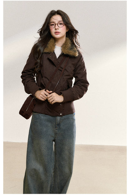 White Faux Fur Collar Quilted Short Jacket