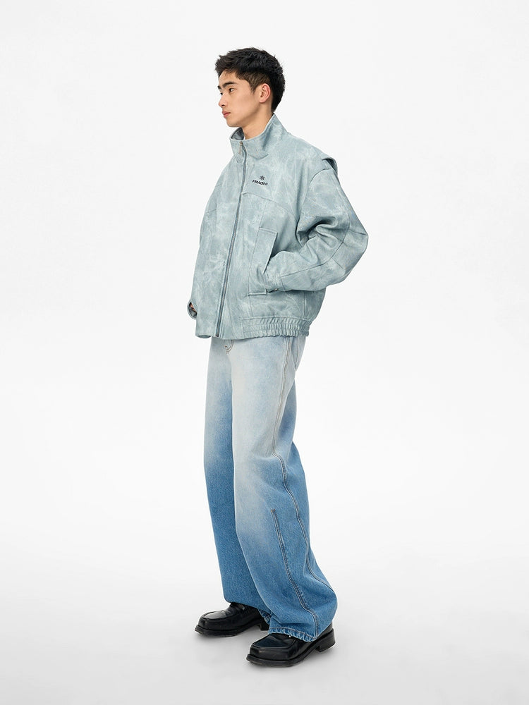 Denim Texture Stand Collar Leather Jacket - CHINASQUAD