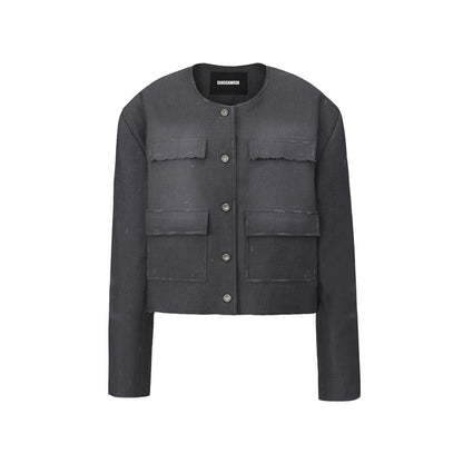 Washed Fringe-Edge Collarless Cropped Blazer