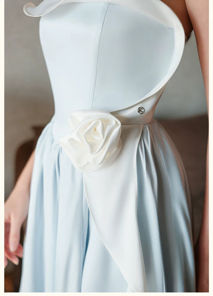Satin Floral Bubble Hem Strapless Dress
