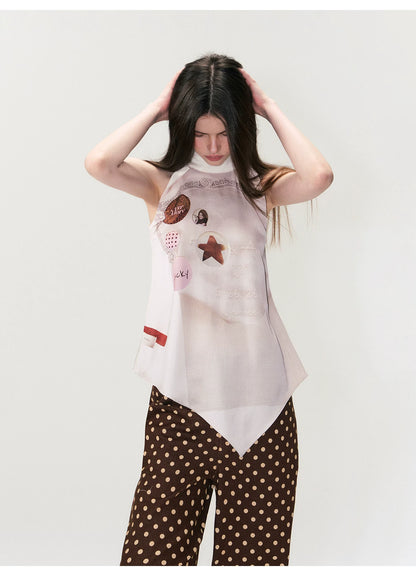 Vintage Printed Asymmetric Hem Halter Top