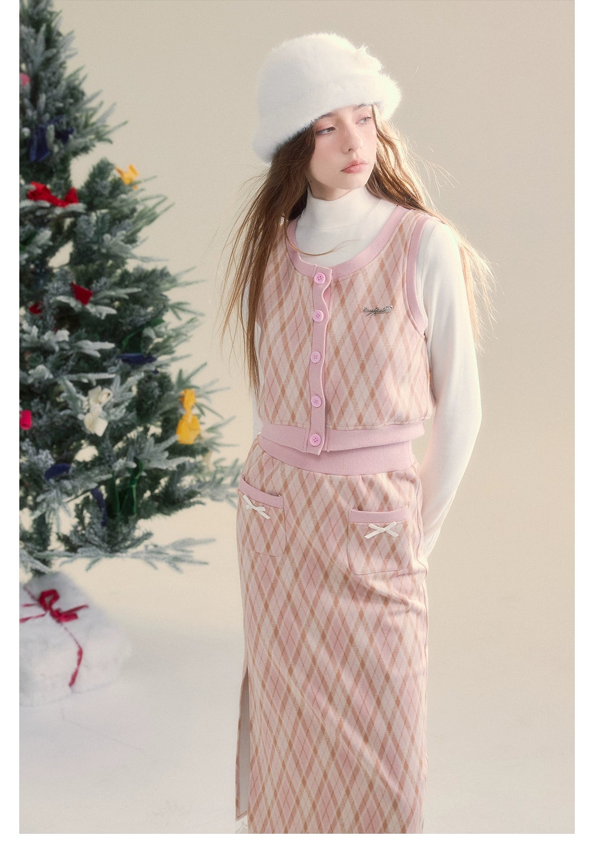 Pink Plaid Vest &amp; Midi Skirt Set - CHINASQUAD