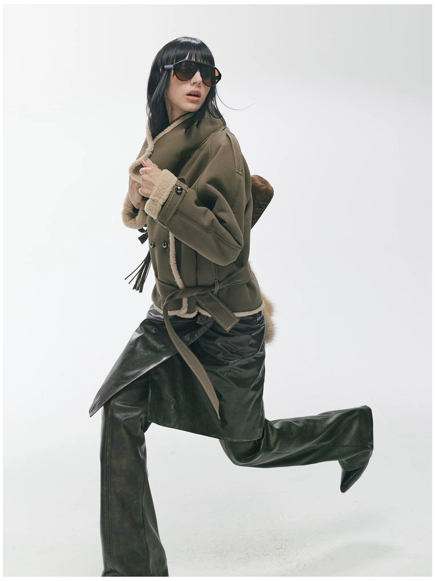 Contrast Fleece-Panelled Shearling Short Coat