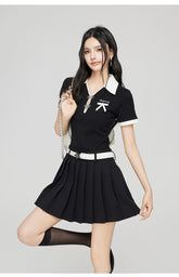 Black & Gray Contrast Polo Collar Mini Dress - CHINASQUAD