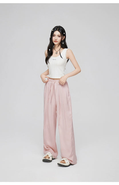 White &amp; Pink Ice Silk Drooping Wide-leg Pants - CHINASQUAD