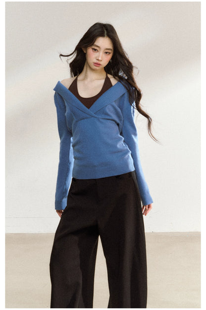 Blue Off-Shoulder Knit Sweater Cardigan
