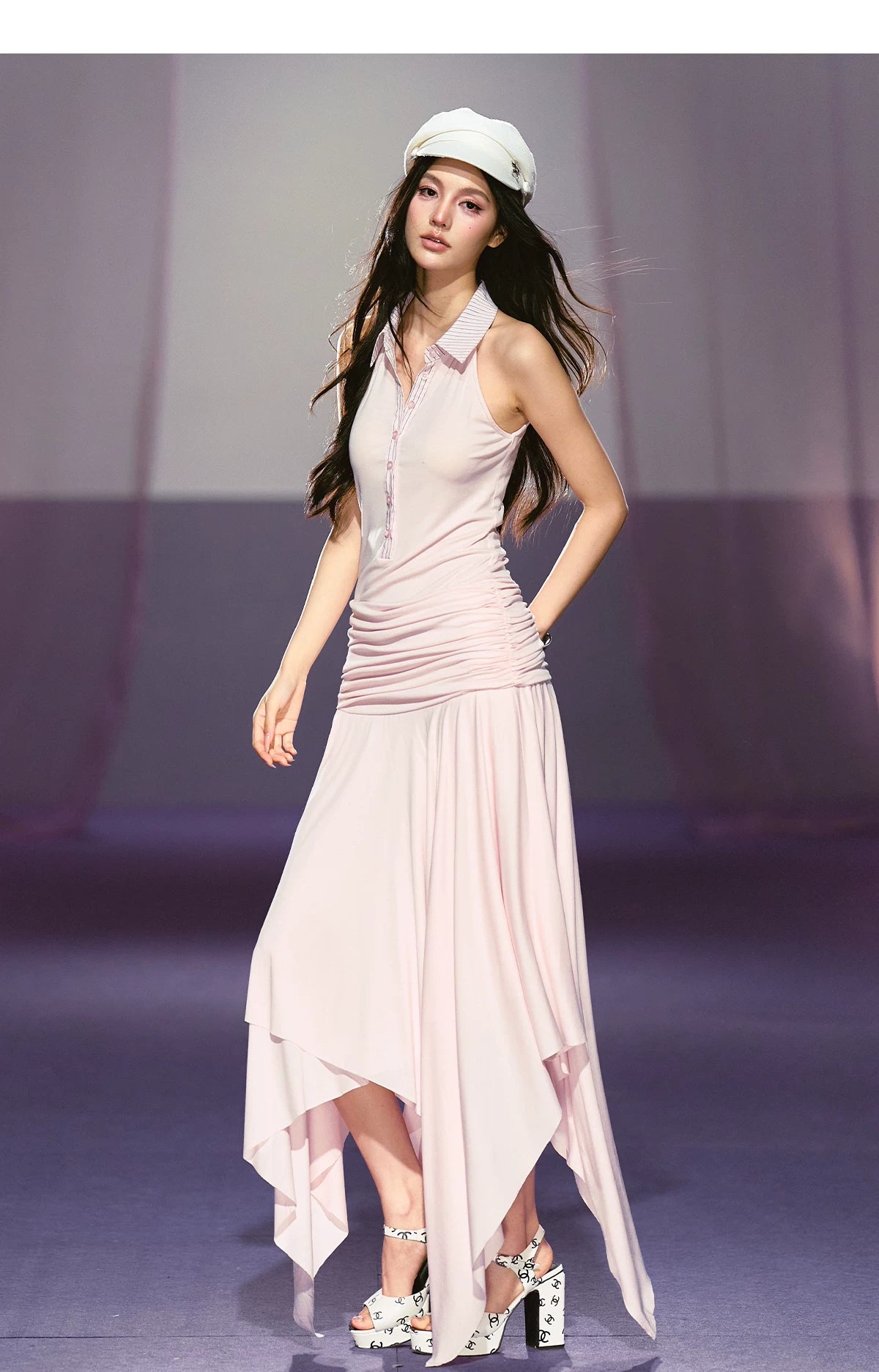 Vintage-Inspired Irregular Hem Shirt-Collar Sleeveless Maxi Dress