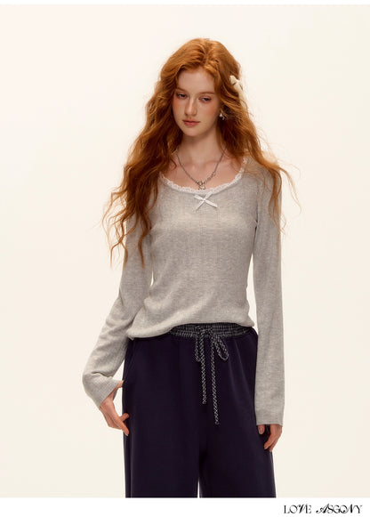 Bow Cutout Knit U-Neck T-Shirt