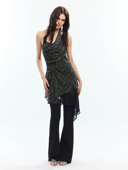 Deconstructed Vintage Check Halter Midi Dress