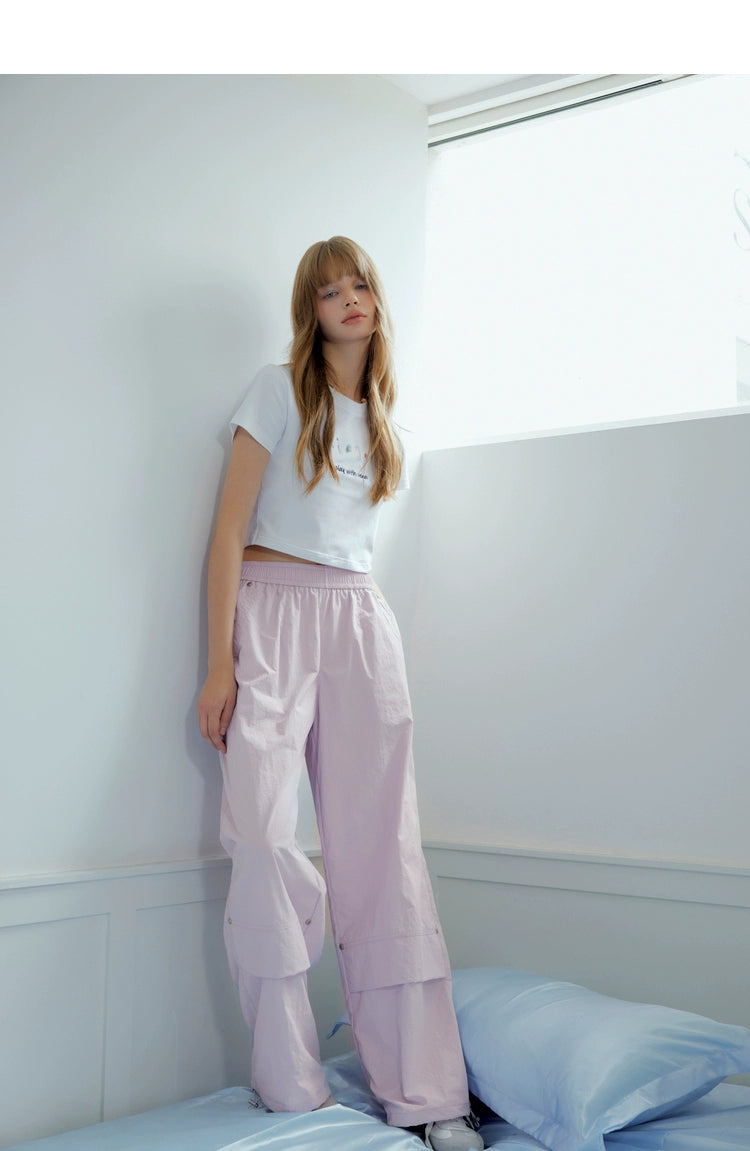 White &amp; Pinkish-purple Drawstring Wide-leg Pants