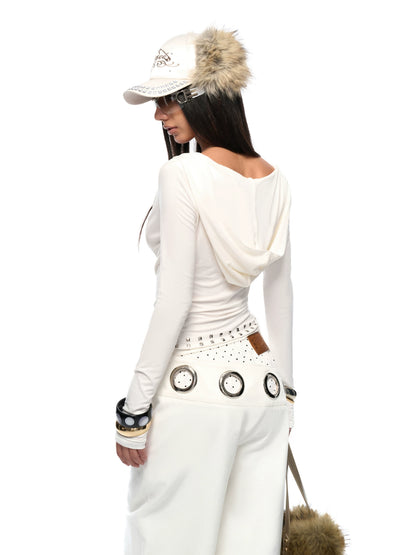 Long-Sleeve Studded Rhinestone Fitted T-Shirt