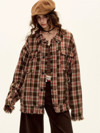 Wool Blend Checkered Contrast Fringe Shirt