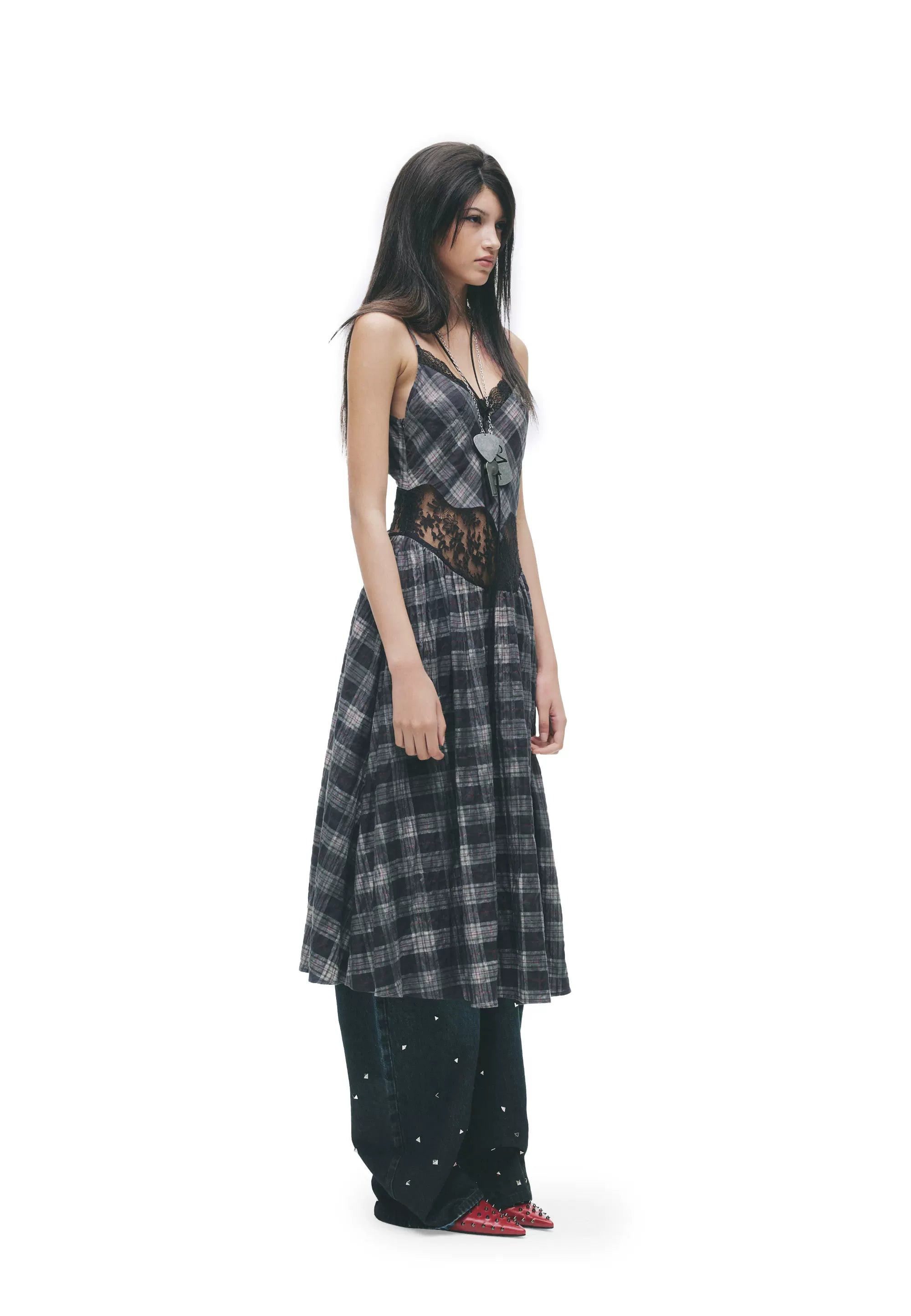 Grunge Plaid Lace Panel Slip Dress