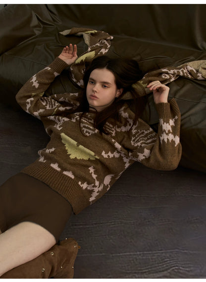 Retro Pixel Jacquard Knit Sweater &amp; Scarf Set