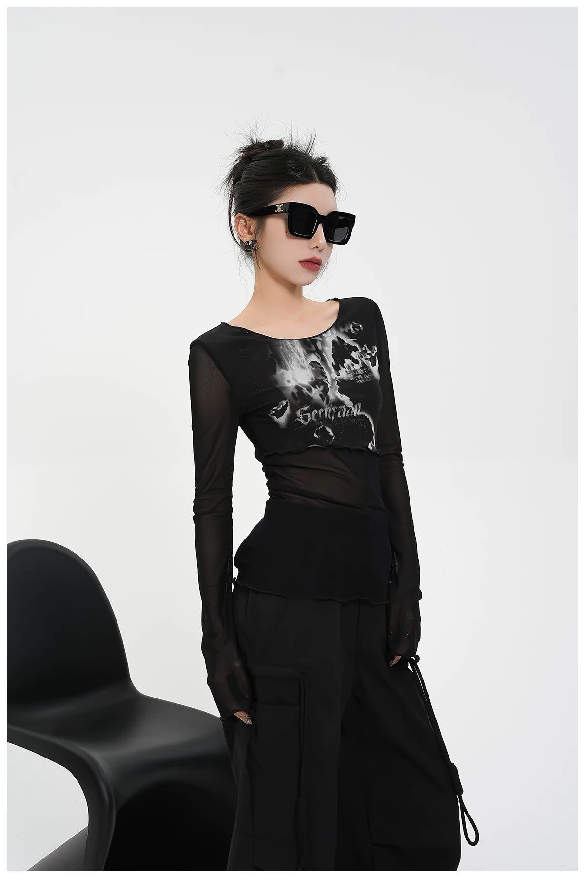 Street-Style Printed Mesh Long-Sleeve T-Shirt