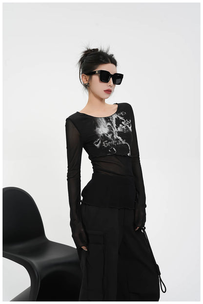 Street-Style Printed Mesh Long-Sleeve T-Shirt
