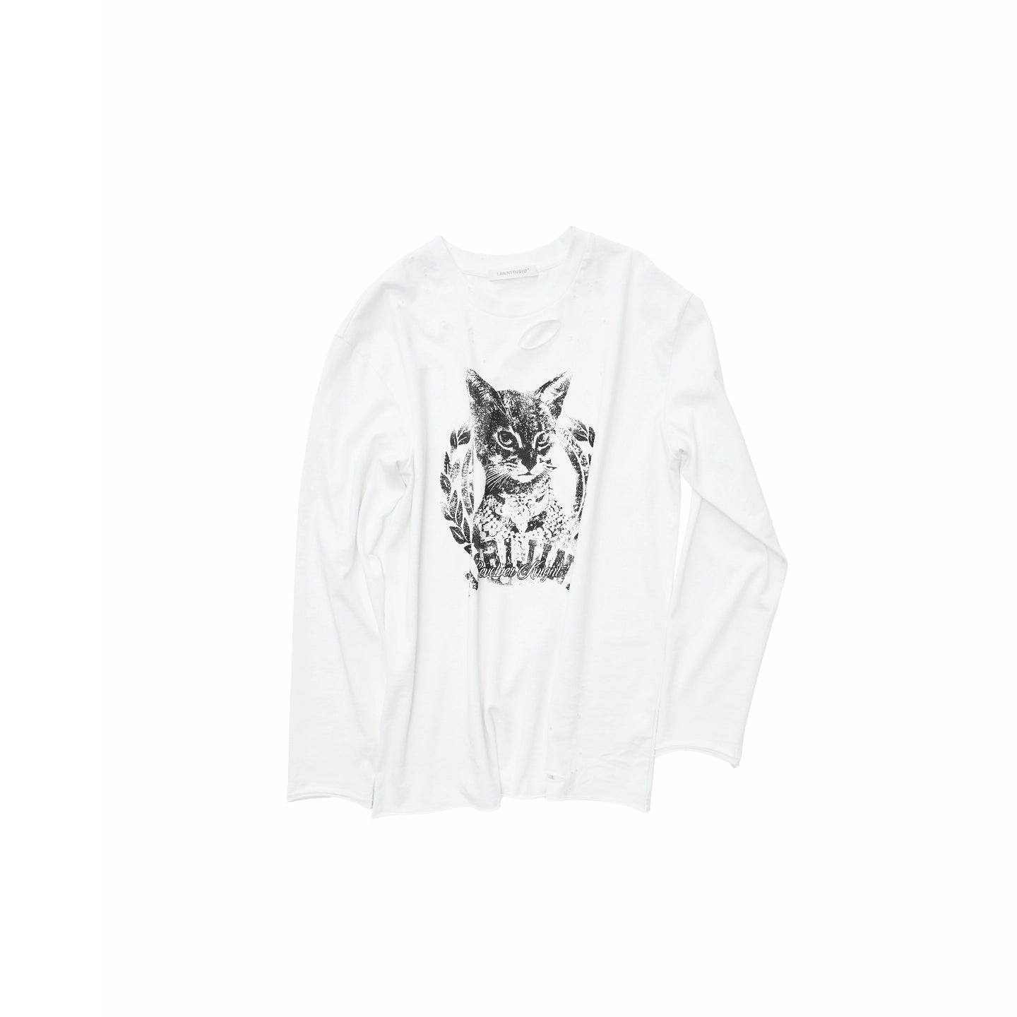 Vintage Cat &amp; Dog Print Distressed Long-Sleeve Tee