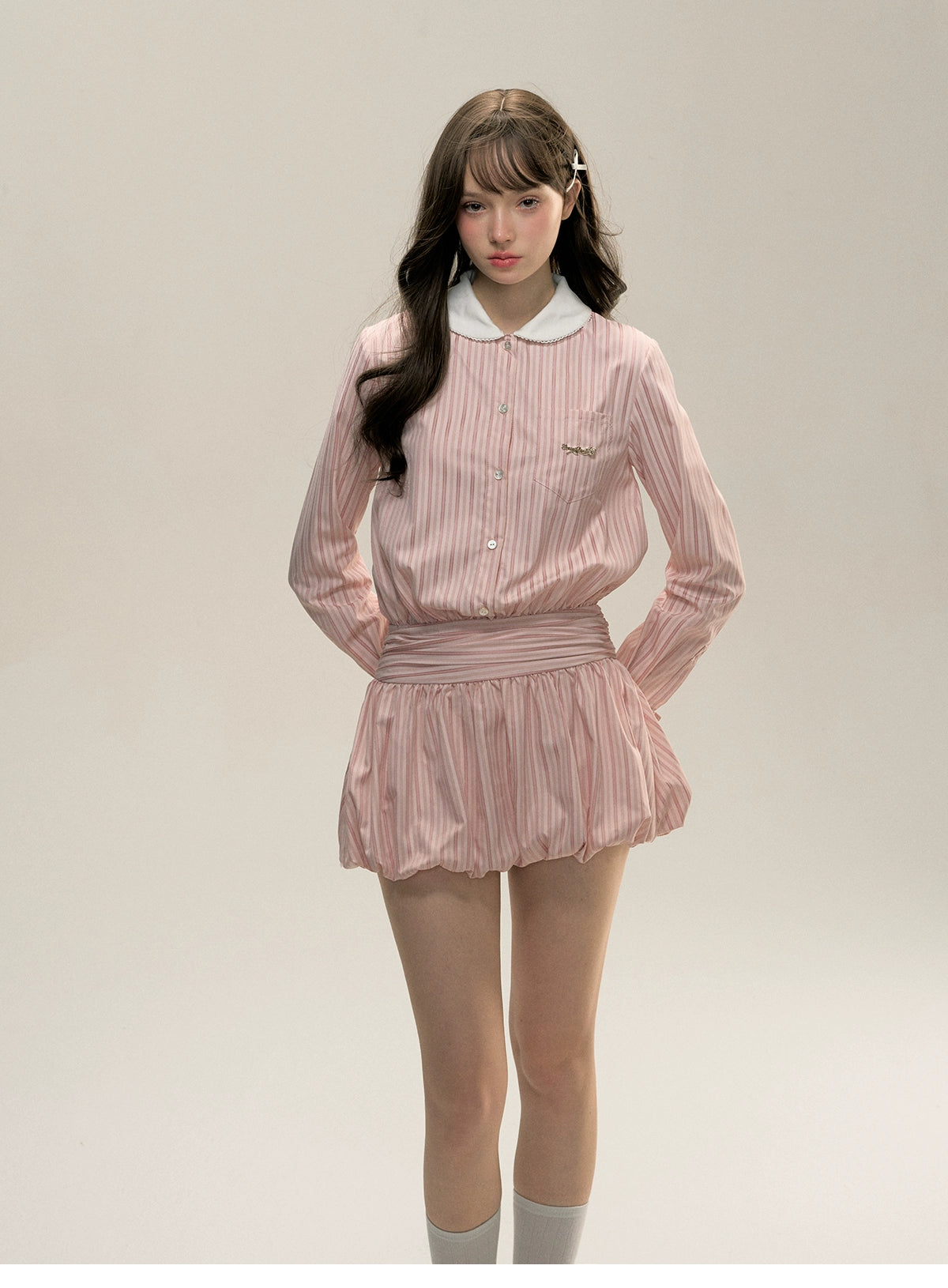 Pink Striped Bow-tie Collar Dress